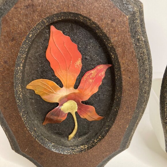 70s Mushroom & Maple Leaf MCM Copper Metal Wood Wall Art Plaque 5 x 7.5" - Picture 2 of 4